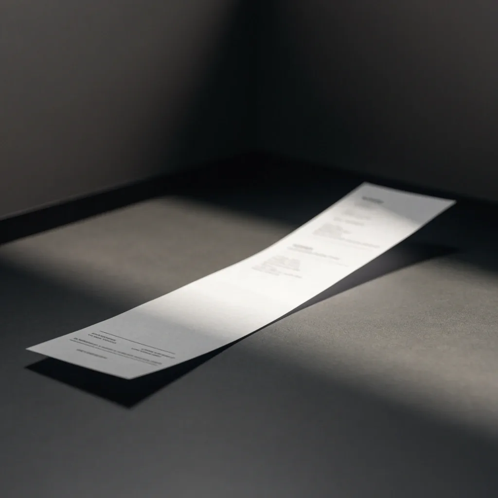 A single unmarked invoice sheet resting at an angle on a matte dark surface