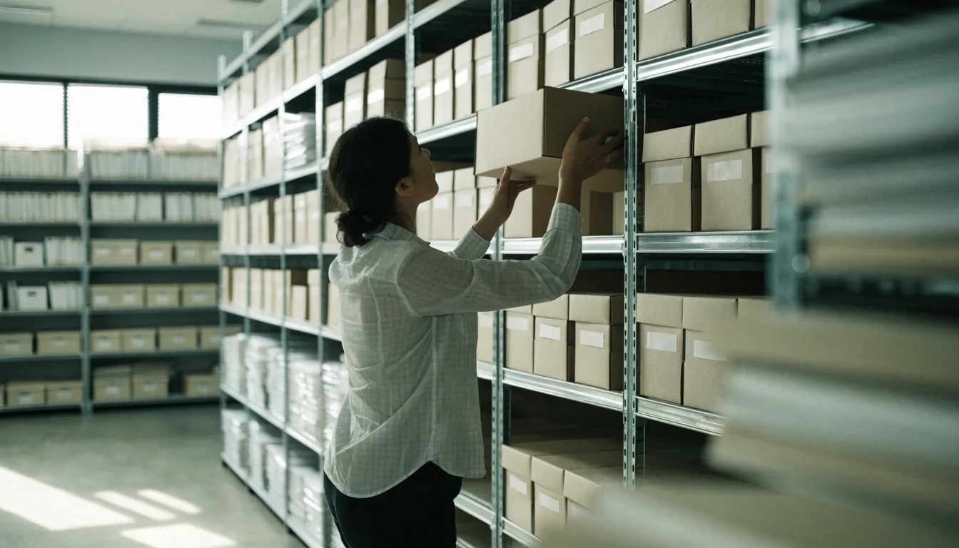 Stacks of unmarked folders on a steel office shelf in cool daylight
