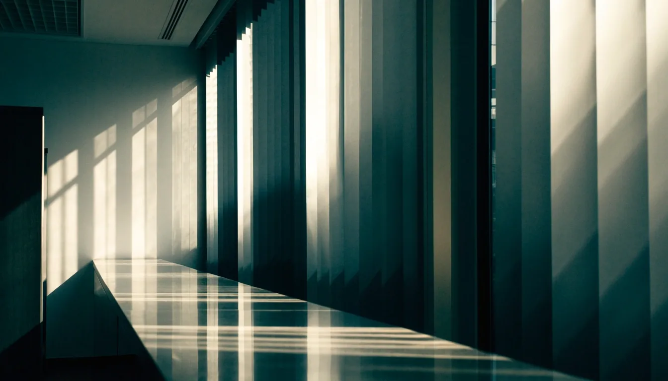 An empty office bay in cool afternoon daylight, blinds raking light across a bare wall