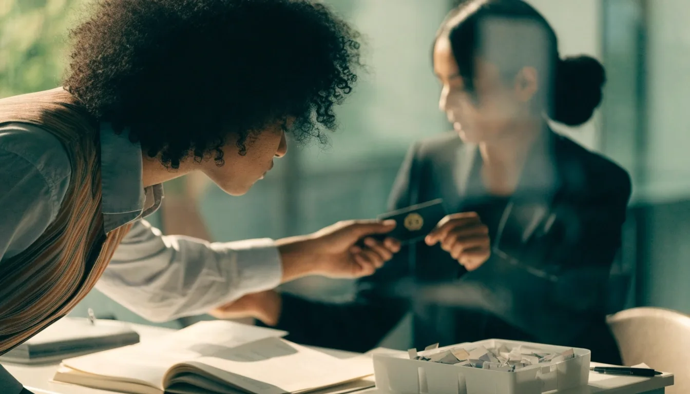 Hands turning an unmarked invoice over a matte desk in a cool-lit finance workspace