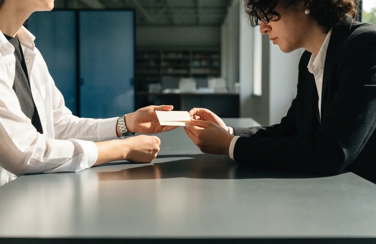 Two people exchanging an unmarked envelope across a matte desk in cool daylight