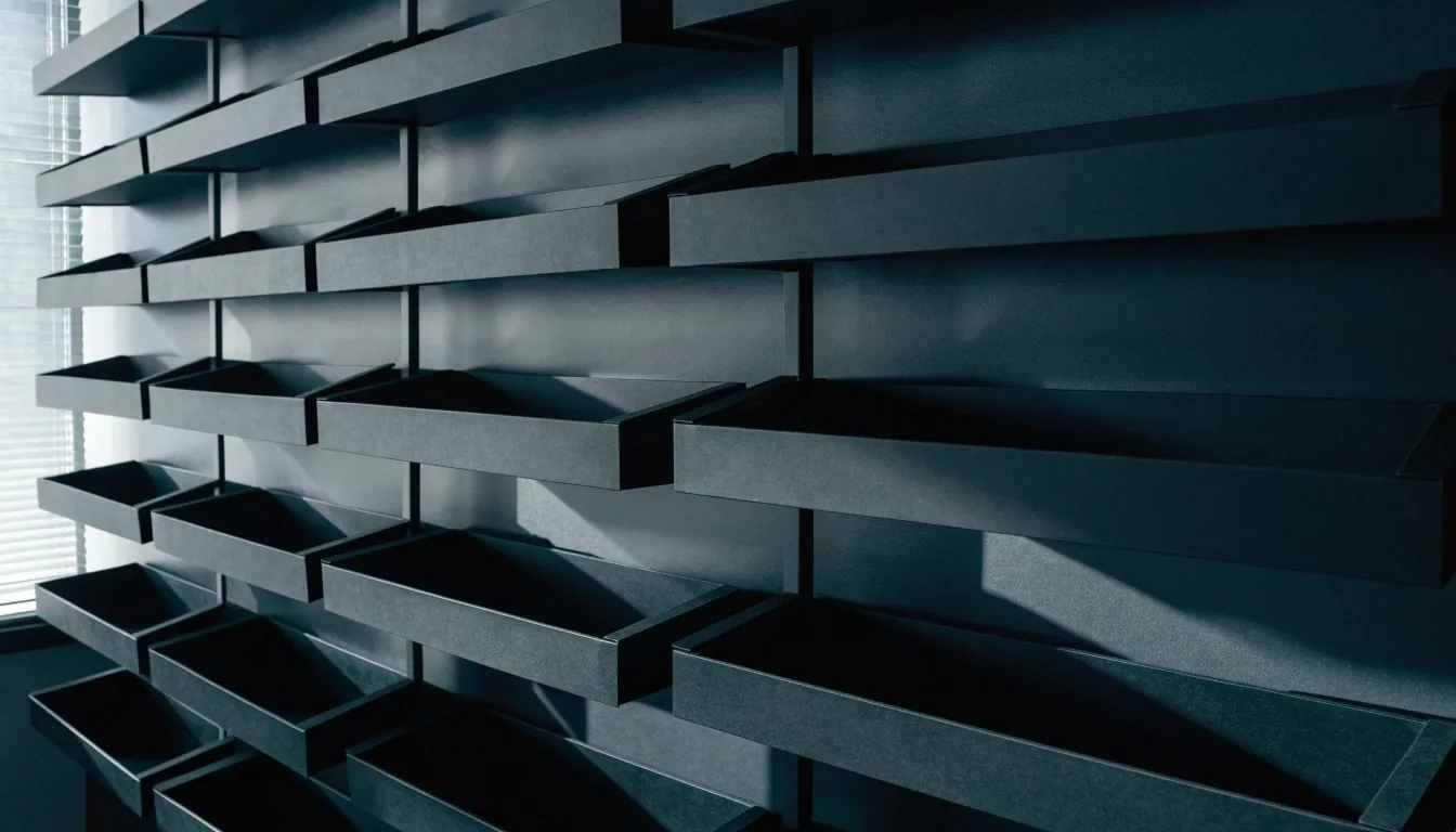 A wall of empty paper trays mounted on a charcoal office wall in cool daylight