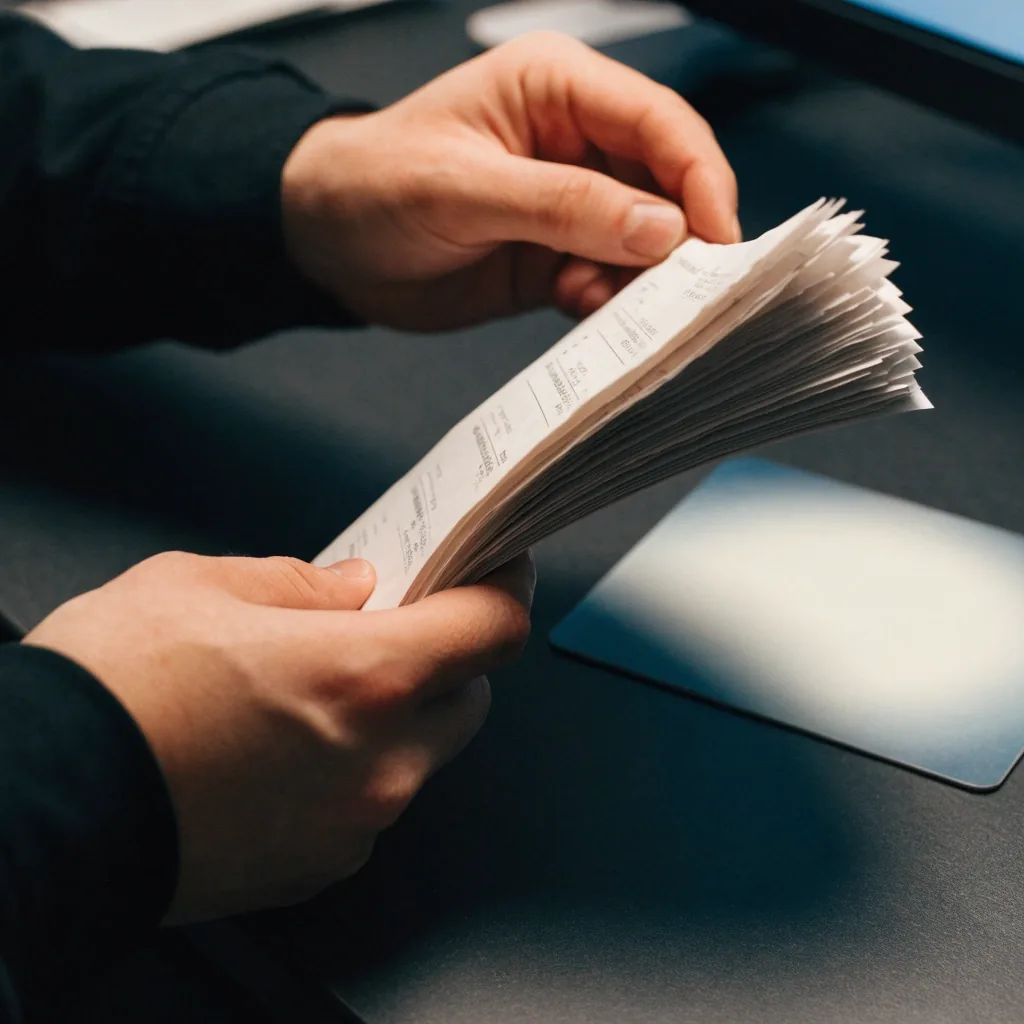 Hands sorting a stack of unmarked receipts beside a matte corporate card on a dark desk