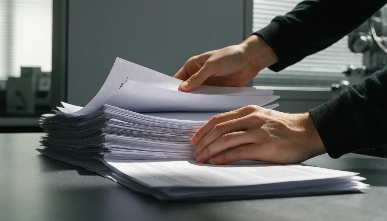 Hands sorting a loose stack of unmarked papers across a matte desk in cool daylight