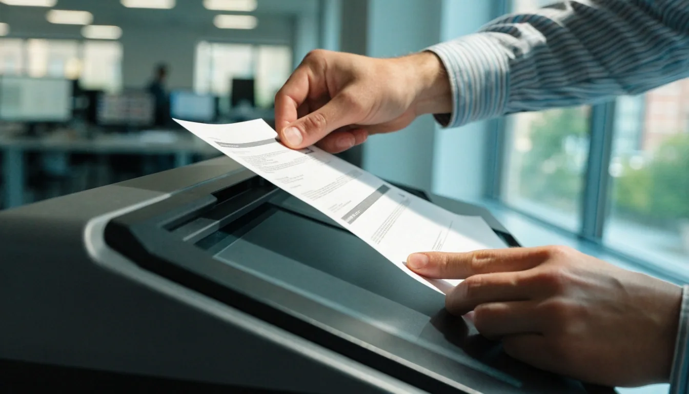 Hands reviewing an unmarked paper invoice on a matte desk in cool daylight
