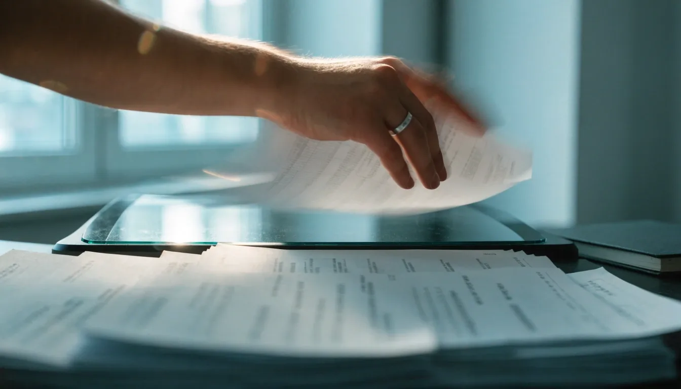 Stack of unmarked folders on a steel shelf in cool office light