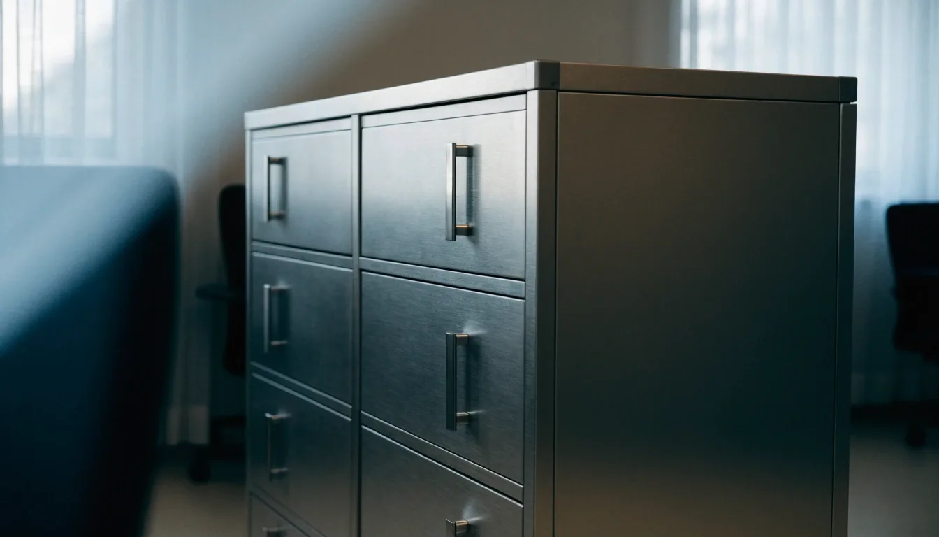 An empty office desk with unmarked paper folders and a steel letter tray under cool daylight