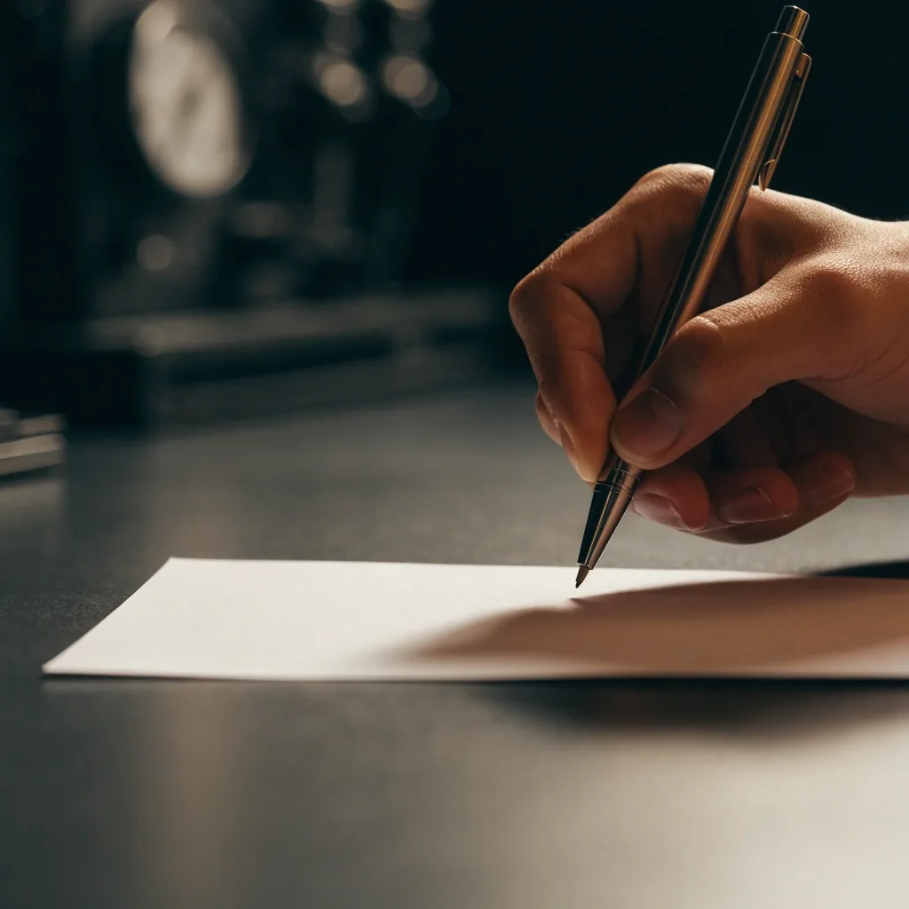 A hand holding a pen above an unmarked sheet on a matte charcoal desk