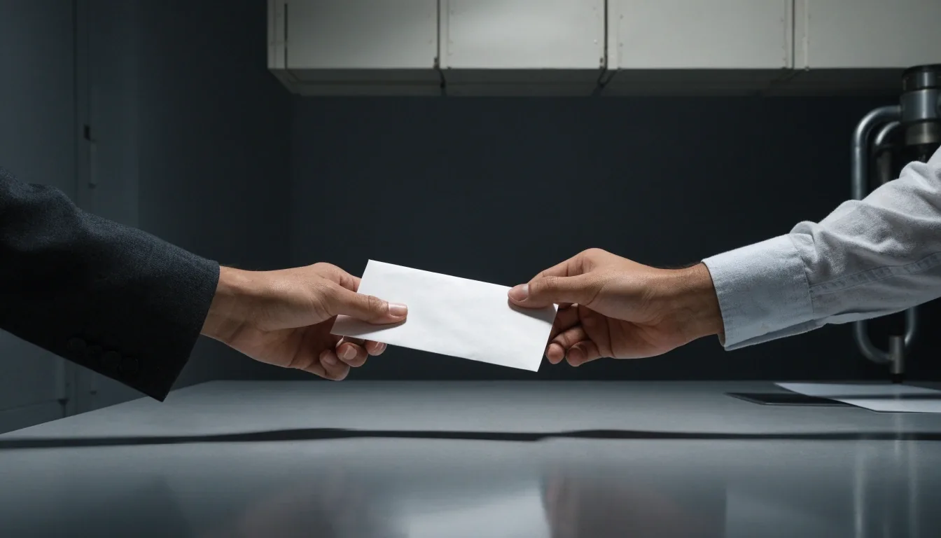 Two hands exchanging an unmarked envelope across a matte desk